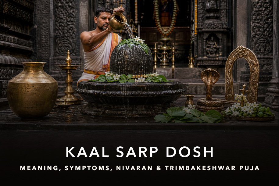 Kaal Sarp Dosh nivaran puja with Shiva lingam, bilva leaves and traditional naga motif