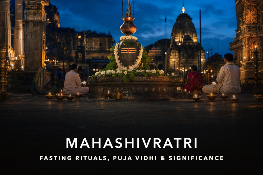 Mahashivratri night puja with decorated Shiva lingam, bilva leaves and temple diyas