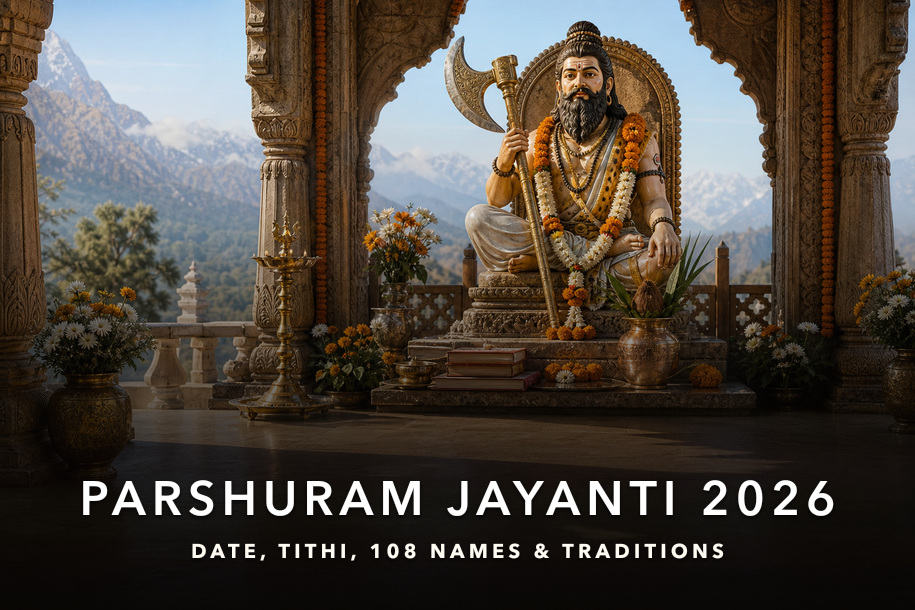 Parshuram Jayanti 2026 temple murti of Bhagwan Parshuram with flowers and sacred books