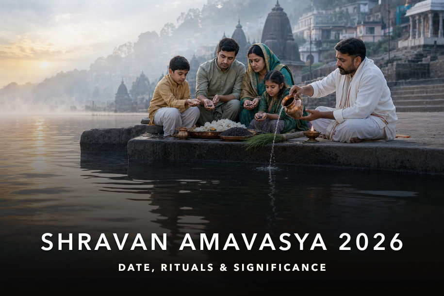 Shravan Amavasya 2026 family performing tarpan with a priest at a sacred riverside ghat