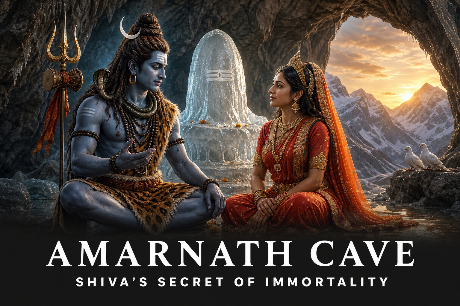 Lord Shiva sharing the Amar Katha with Goddess Parvati beside the ice Shivling inside Amarnath cave.