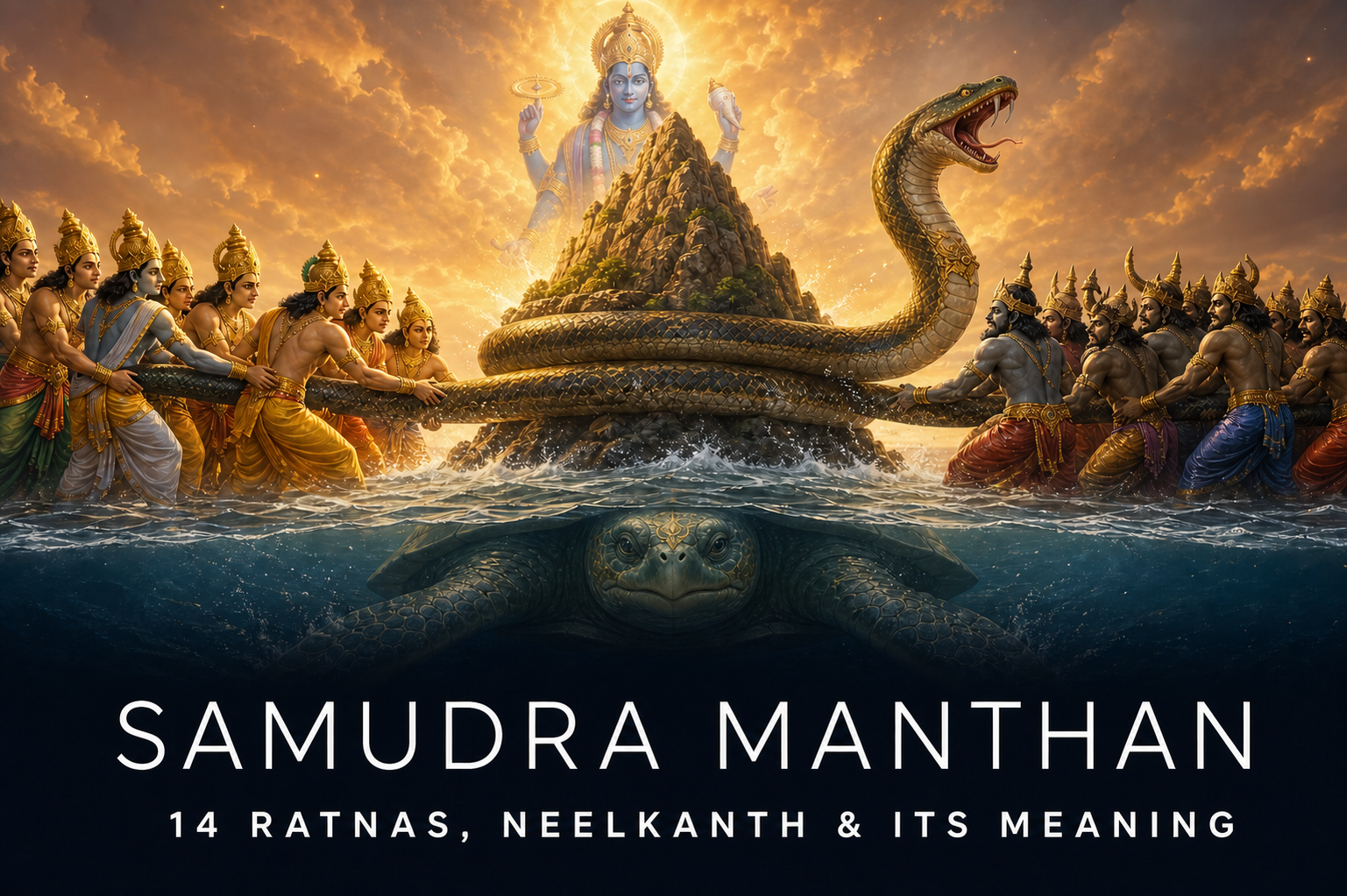 Samudra Manthan with devas and asuras churning the cosmic ocean around Mount Mandara and Vasuki