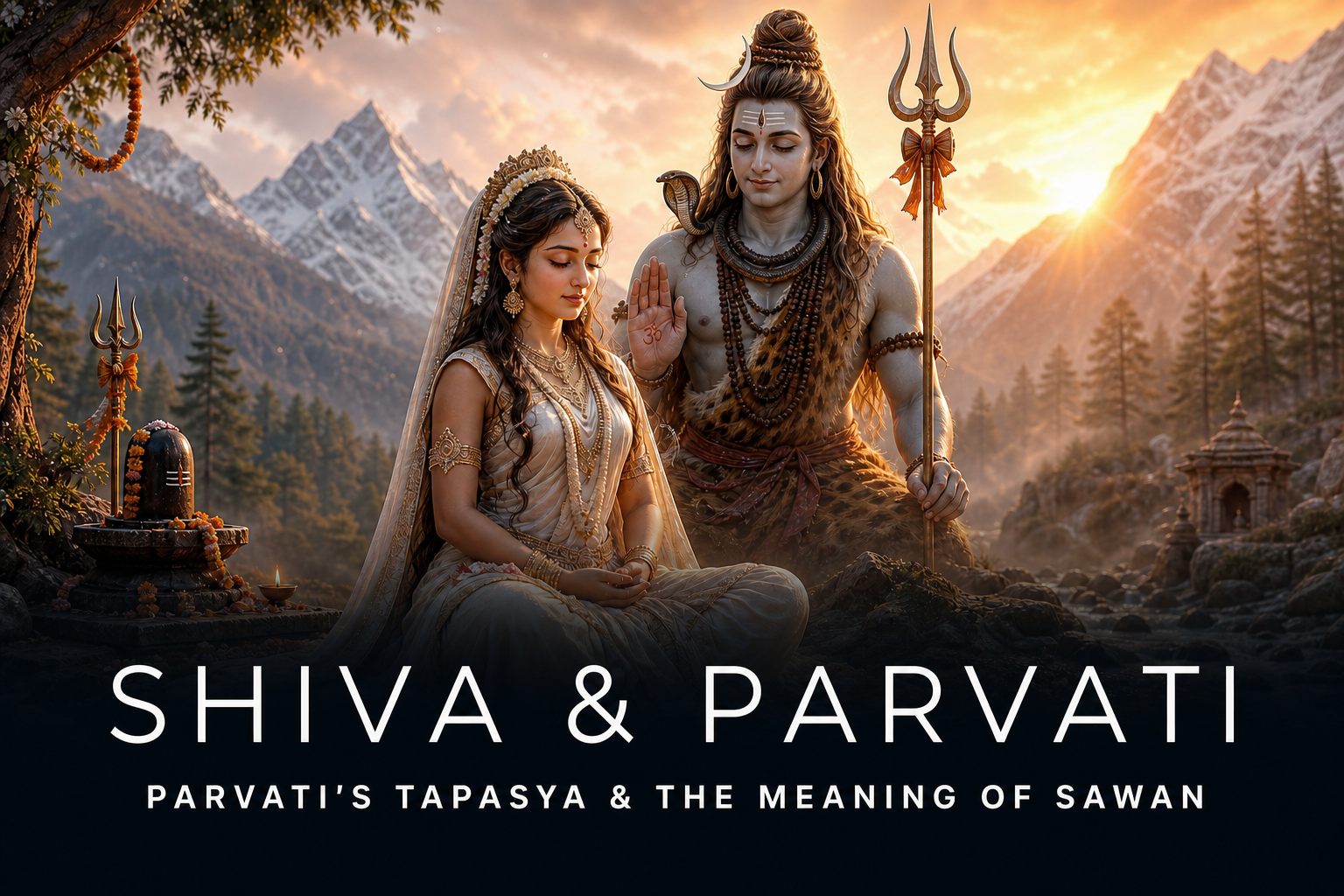 Lord Shiva blessing Goddess Parvati during her tapasya in the Himalayas during Sawan