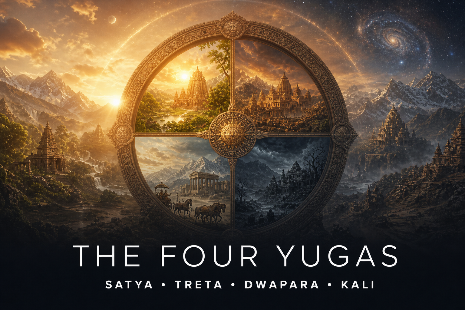 A cosmic wheel depicting Satya, Treta, Dwapara and Kali Yuga across four ages in a Himalayan landscape.