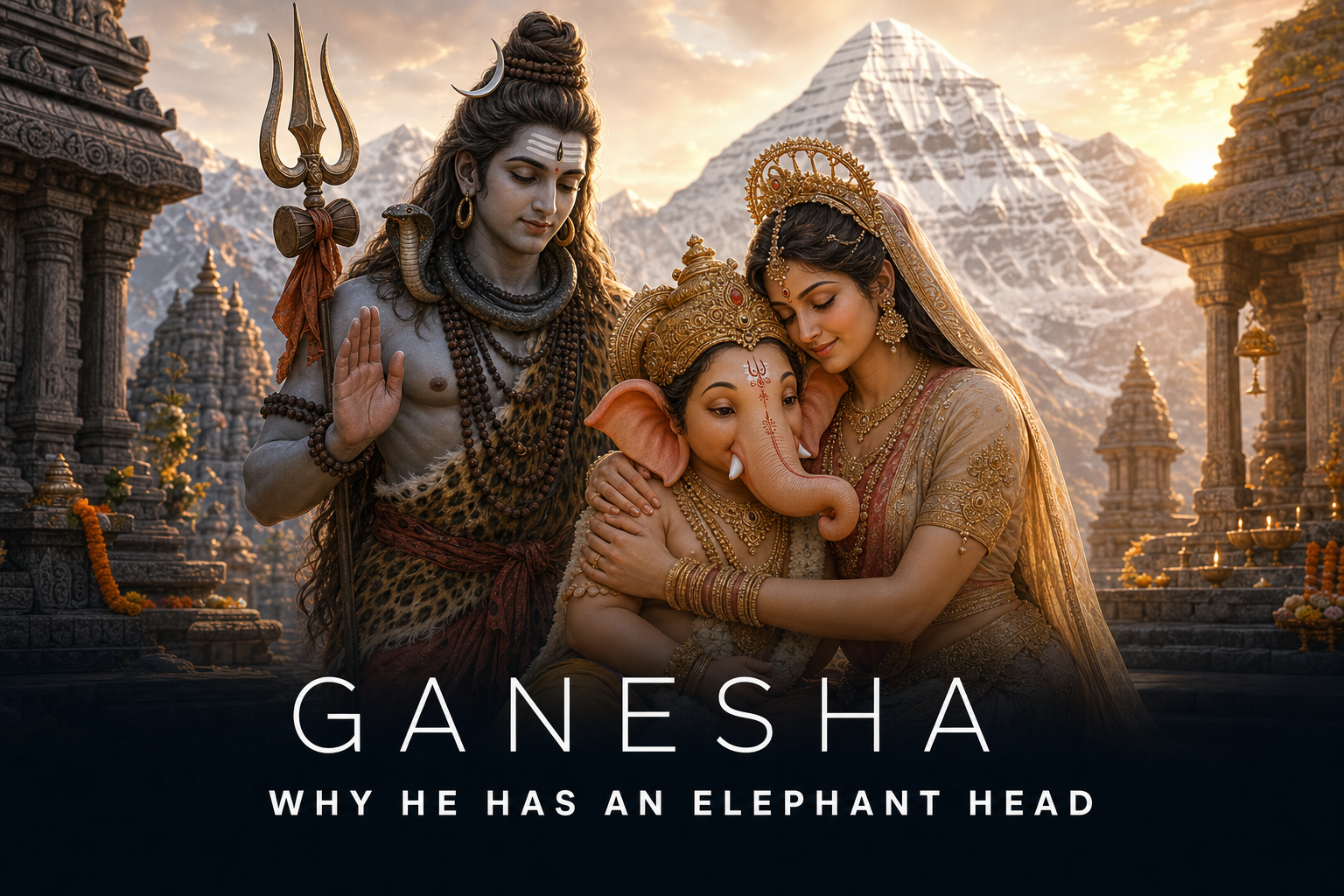 Devi Parvati embracing child Lord Ganesha as Lord Shiva blesses him at Mount Kailash.