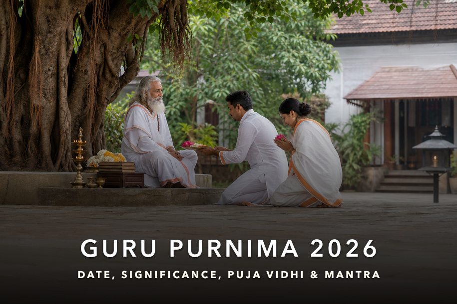 Guru Purnima 2026 disciples offering flowers to a spiritual teacher in an ashram