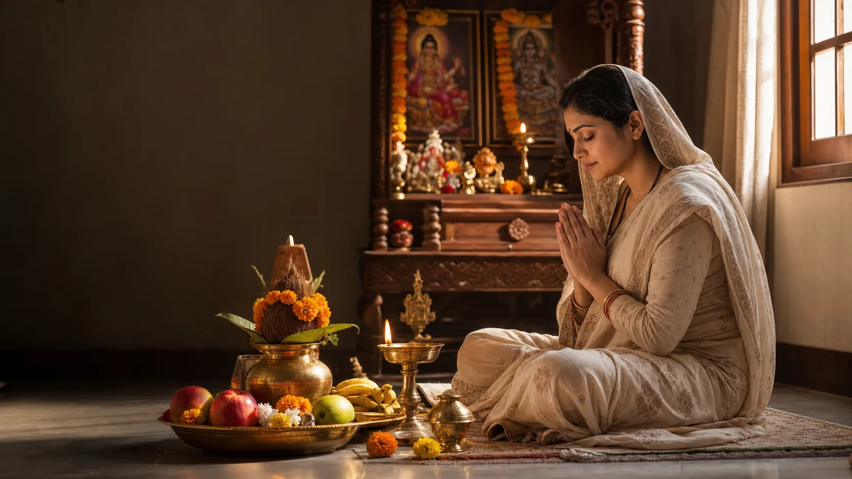 Woman observing a Hindu vrat with diya, kalash, fruit and flowers at a home mandir