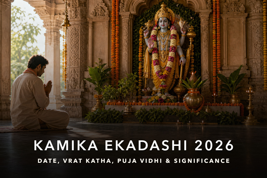 Kamika Ekadashi 2026 Vishnu puja with tulsi, diya and fasting devotee