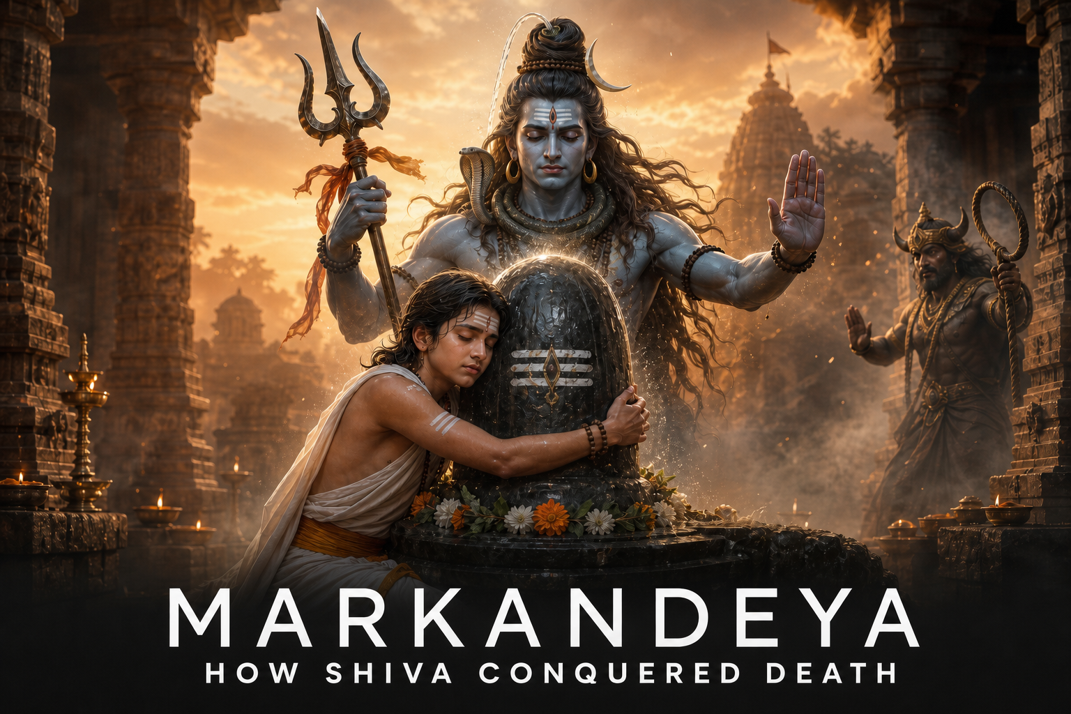 Young sage Markandeya embracing a Shiva lingam as Lord Shiva appears in protection from Yama.
