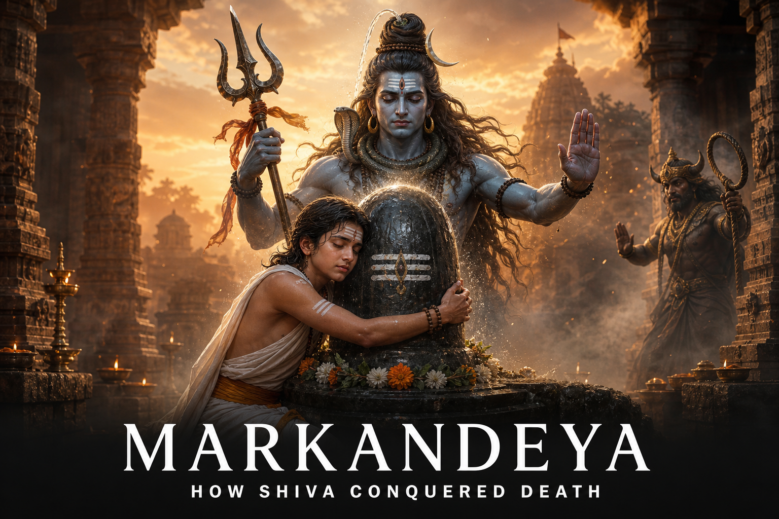 Young sage Markandeya embracing a Shiva lingam as Lord Shiva appears in protection from Yama.