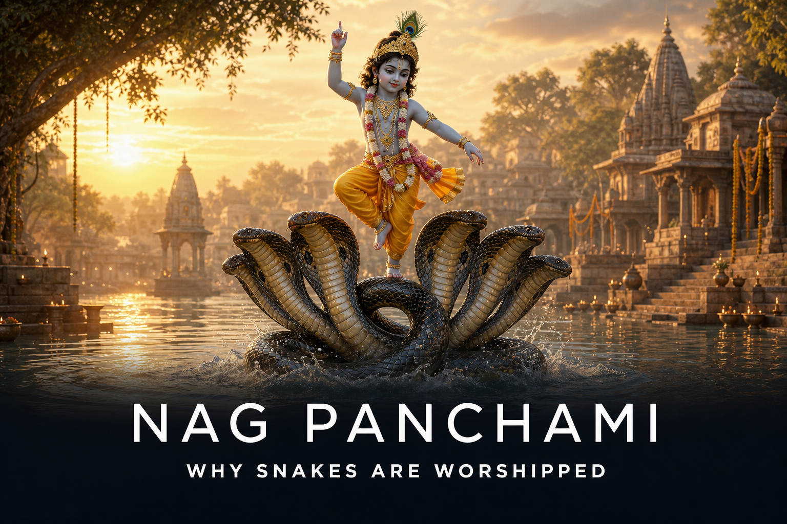 Lord Krishna performing Kaliya Mardan above the multi-hooded serpent on the Yamuna for Nag Panchami