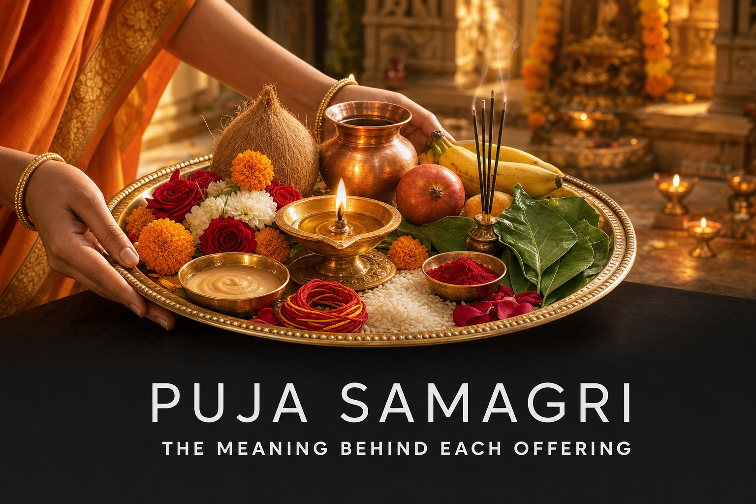 Traditional puja thali with diya, flowers, rice, chandan, kalash, sacred thread and fruits.