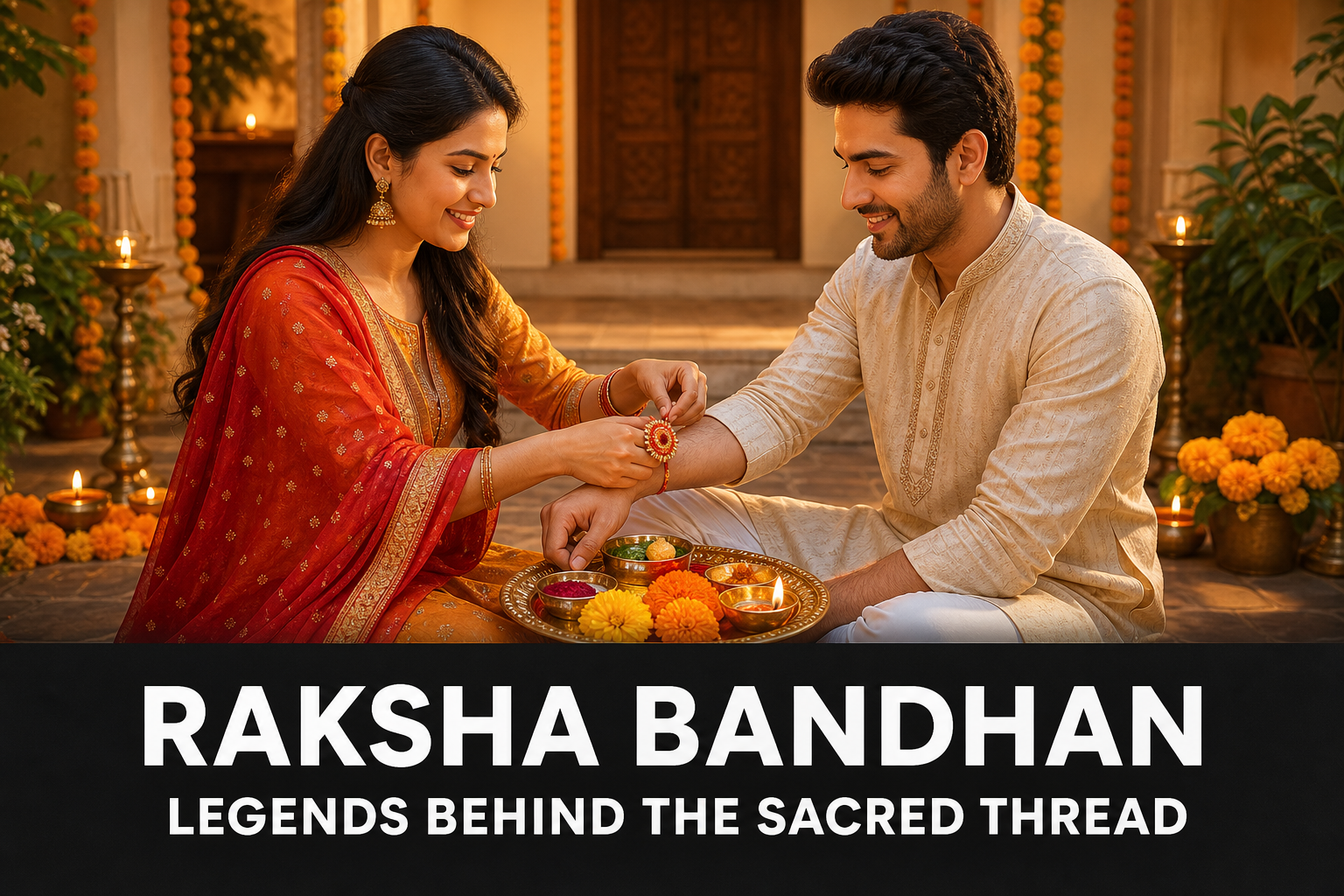 Sister tying a traditional rakhi on her brother’s wrist during a warm Raksha Bandhan ceremony
