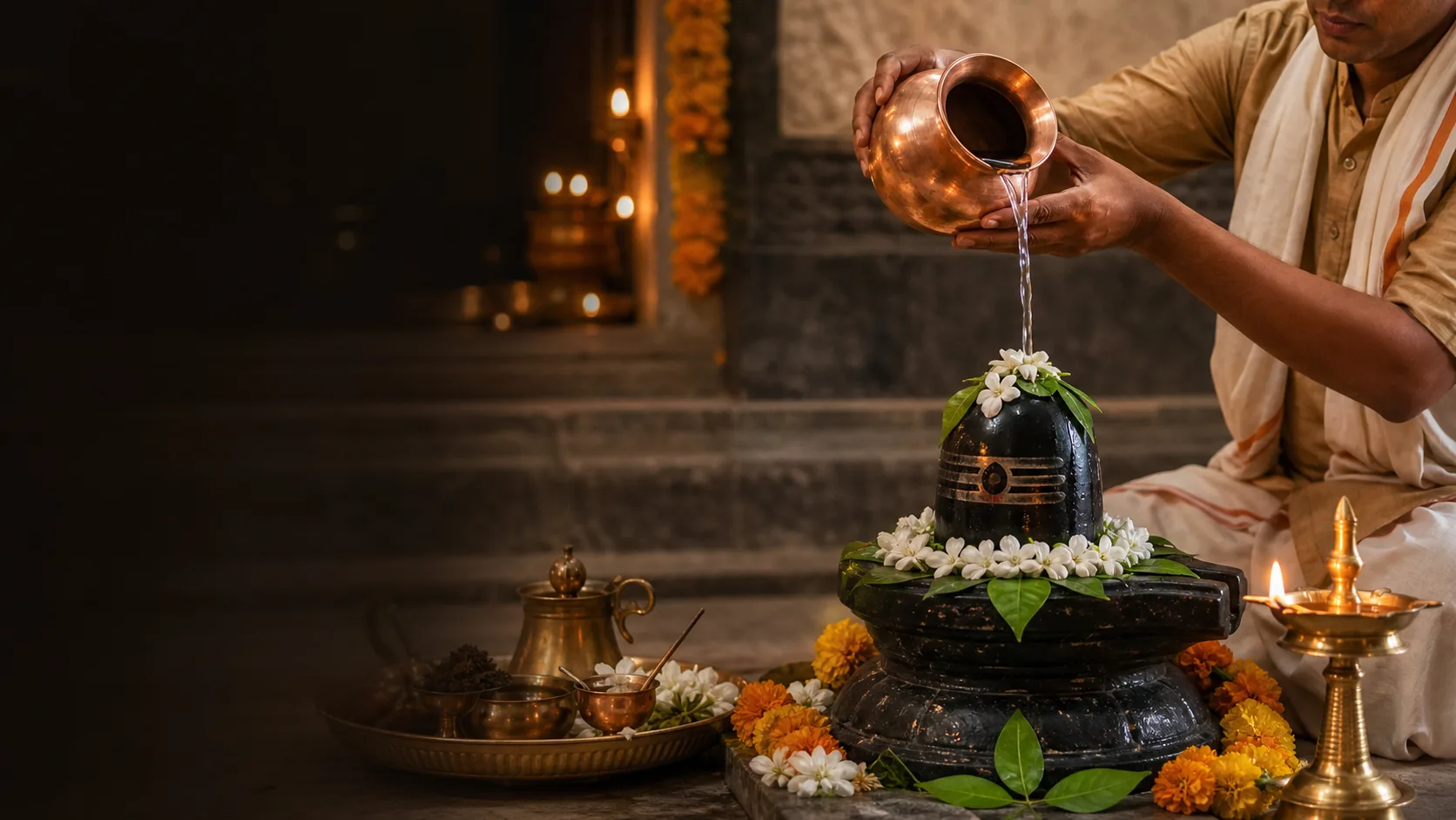 Devotee performing Rudrabhishek with water, bilva leaves and flowers
