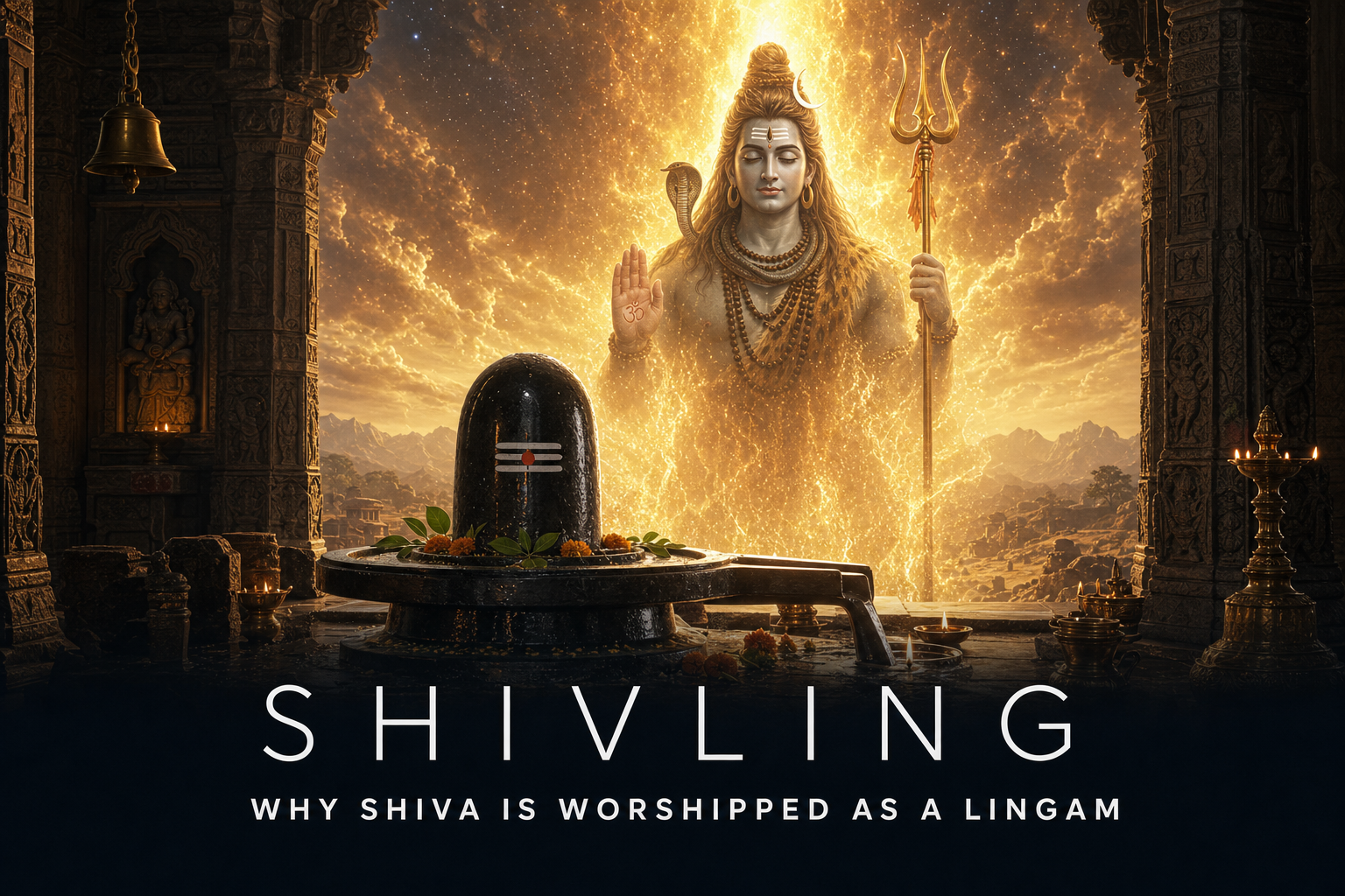 Lord Shiva appearing within the infinite pillar of light behind a sacred Shivling in a temple sanctum.