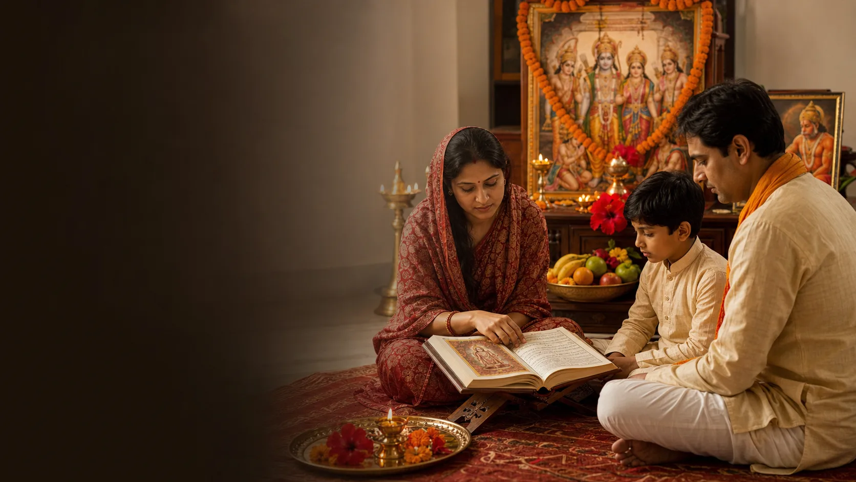 Family reading Sundarkand before a Ram Darbar and Hanuman altar