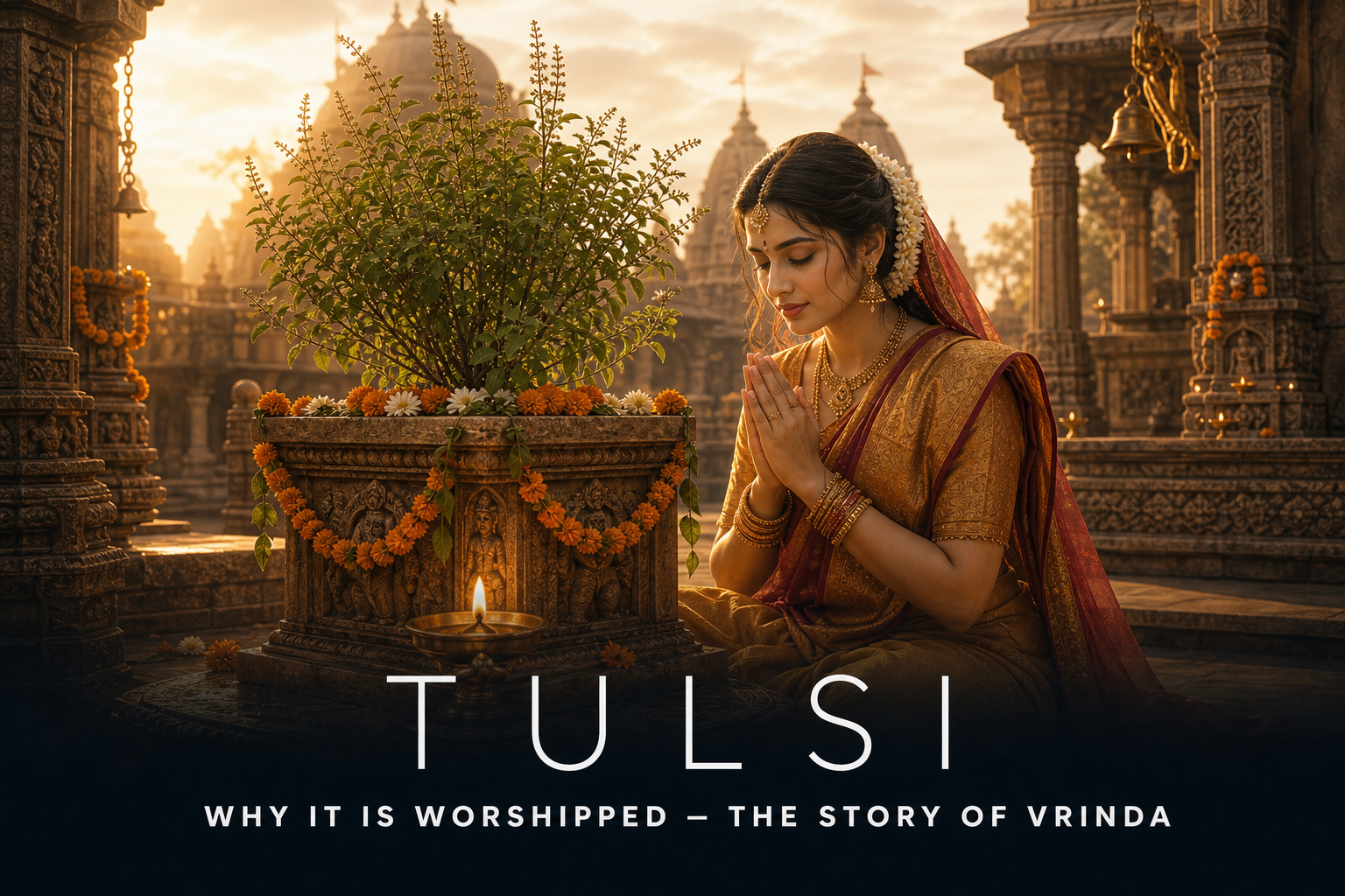 Devi Vrinda praying beside a sacred Tulsi plant in a temple courtyard at dawn.