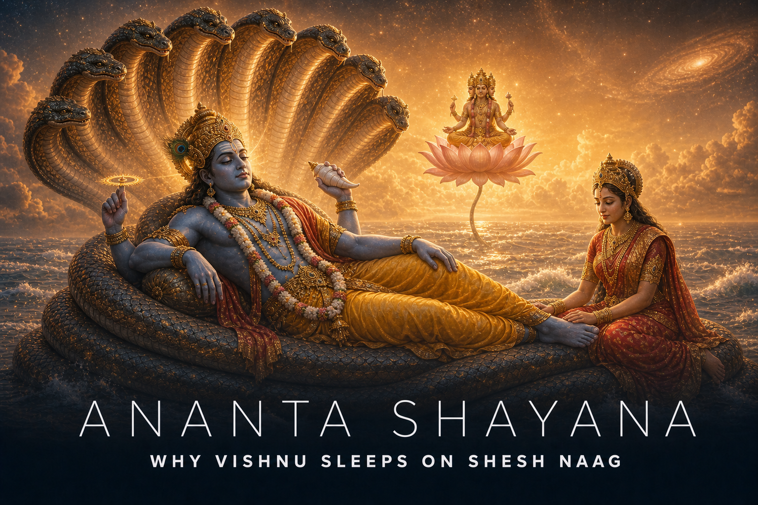 Bhagwan Vishnu reclining on Shesh Naag in the cosmic ocean as Devi Lakshmi sits near his feet beneath Brahma’s lotus.