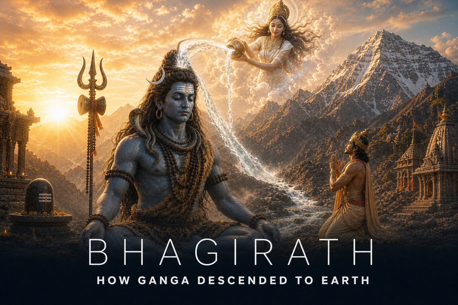 Lord Shiva receiving Goddess Ganga in his matted hair as King Bhagiratha prays in the Himalayas.