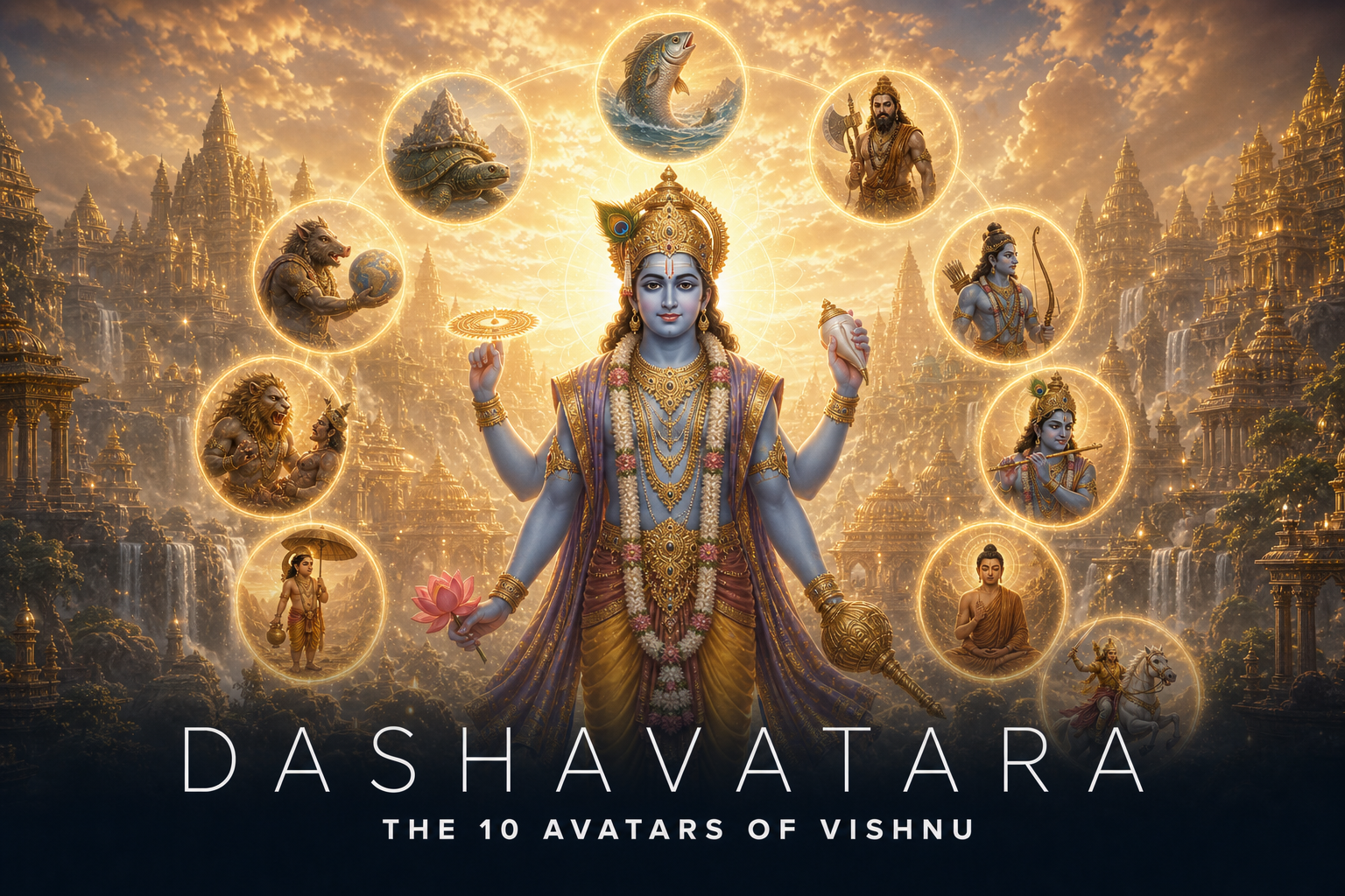 Bhagwan Vishnu surrounded by the ten Dashavatara forms in a golden celestial temple.