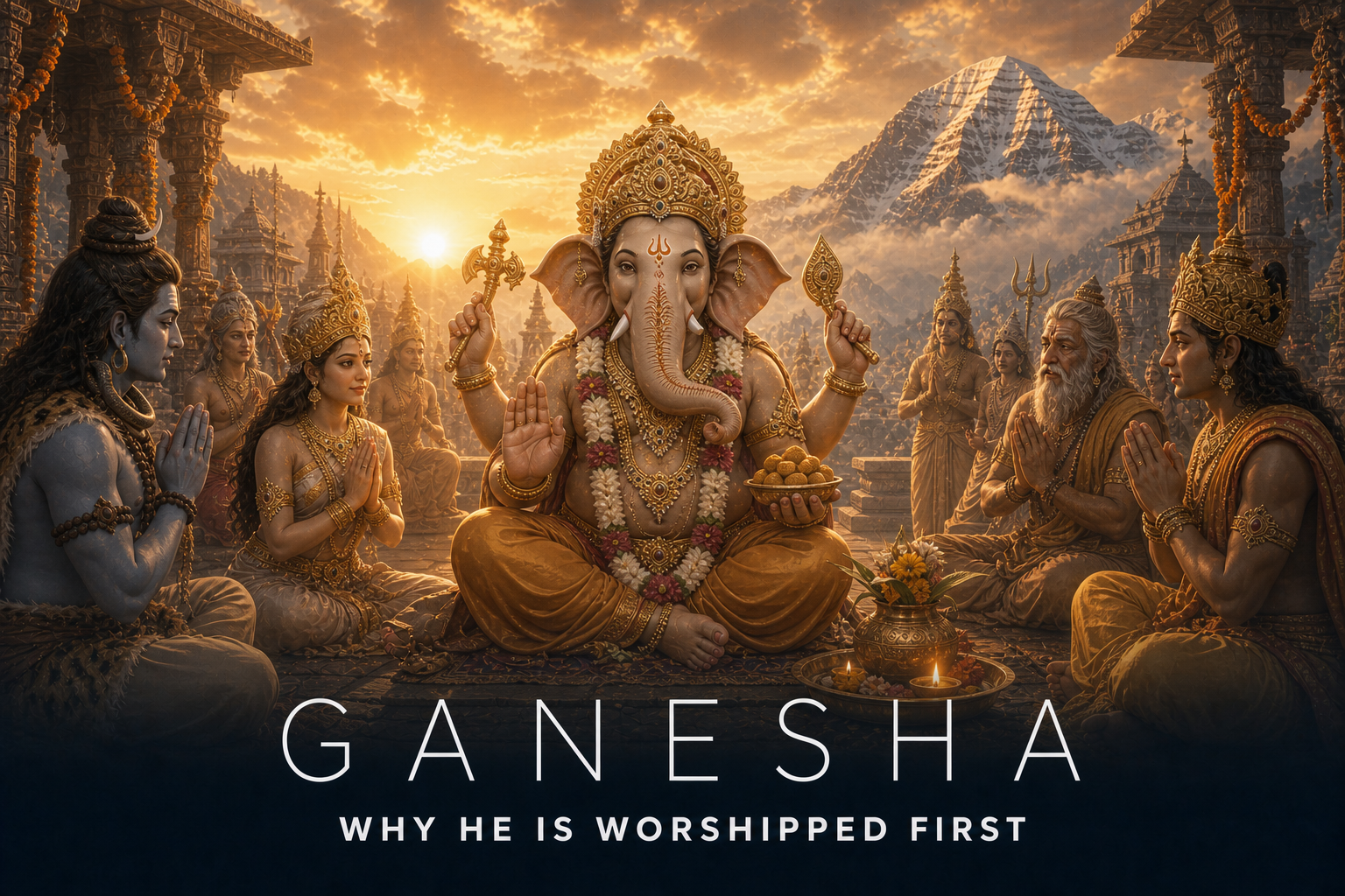 Bhagwan Ganesha honored first before a sacred ritual in a golden Mount Kailash temple court.