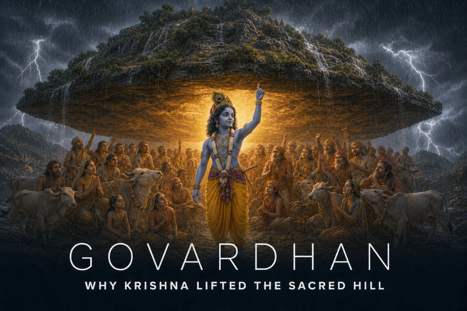 Bhagwan Krishna lifting Govardhan Hill to shelter Braj villagers and sacred cows from Indra’s storm.
