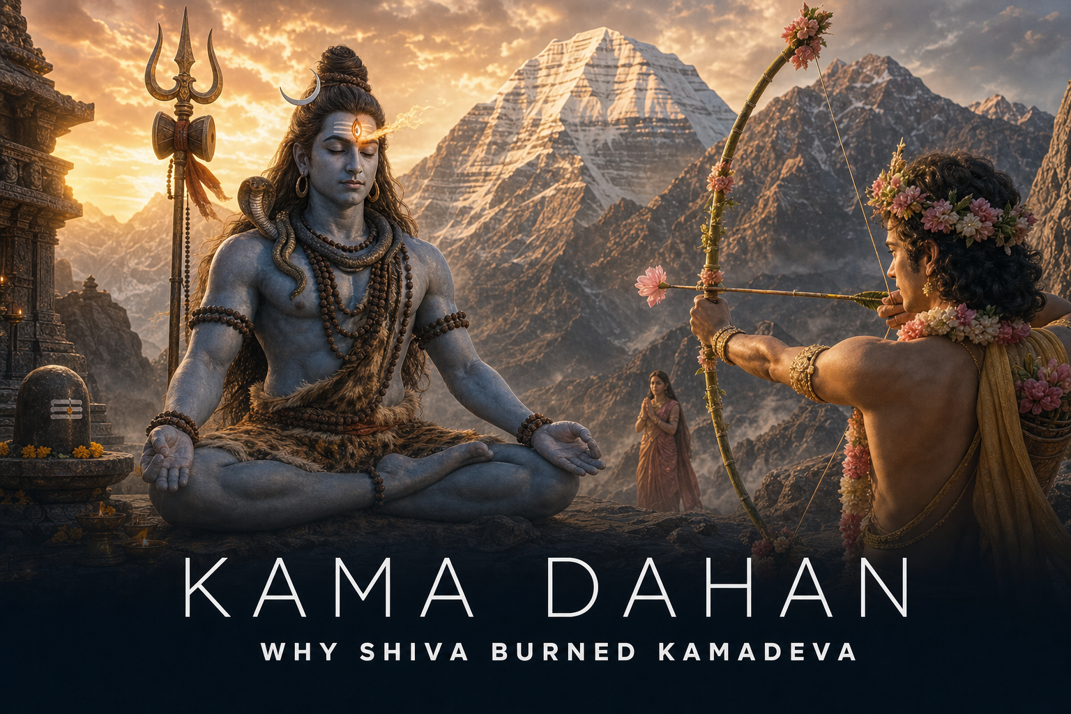 Lord Shiva opening his third eye as Kamadeva aims a flower arrow with a sugarcane bow at Mount Kailash.