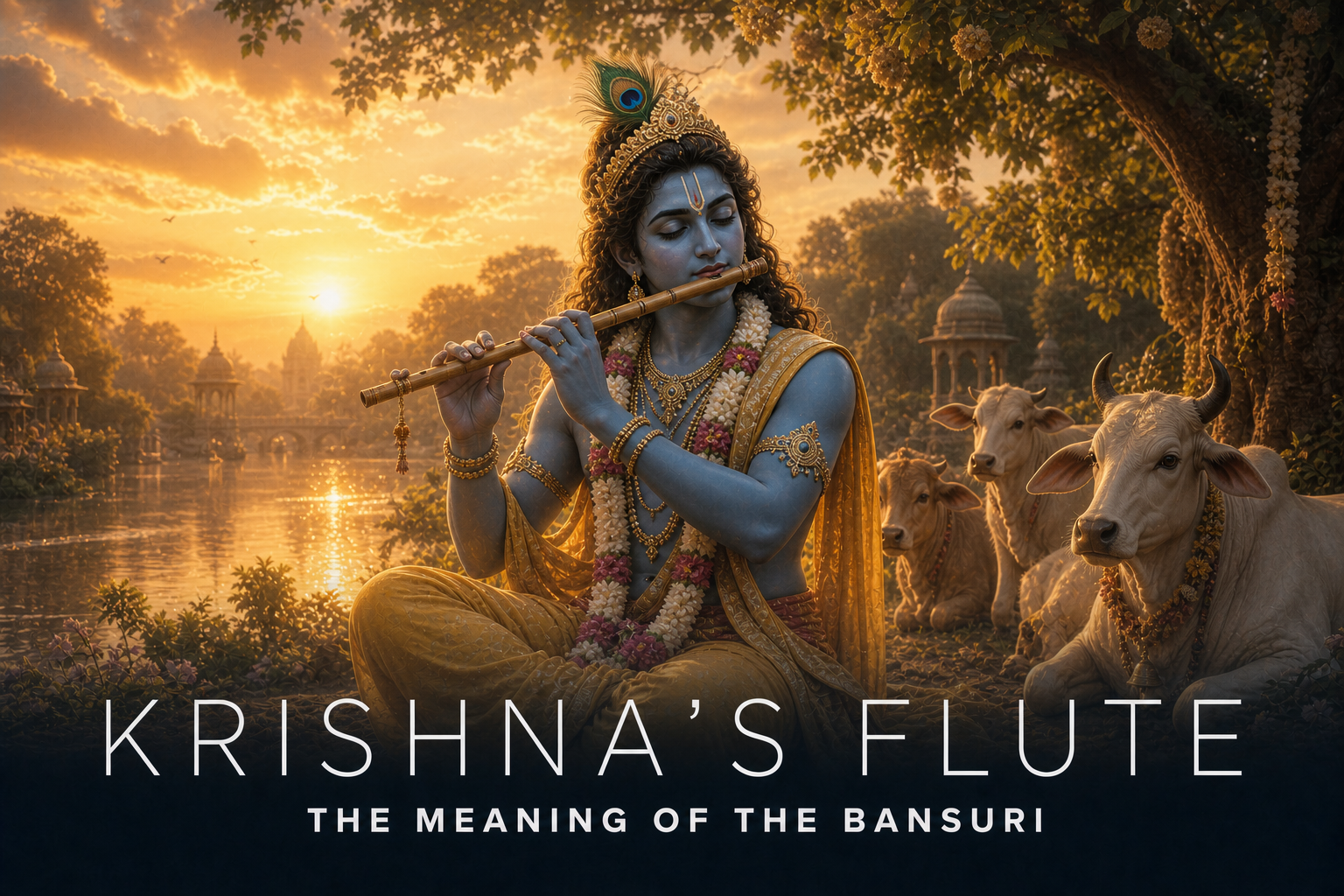 Bhagwan Krishna playing a bamboo bansuri beside the Yamuna in Vrindavan with sacred cows at golden dawn.