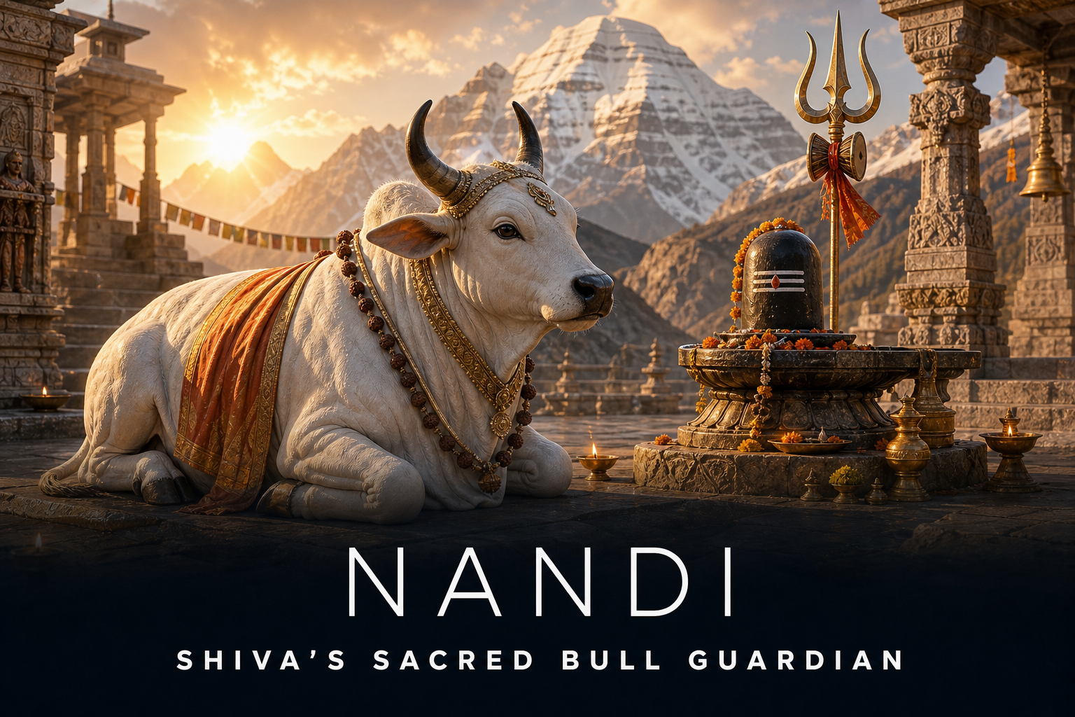 Sacred white Nandi bull seated beside a Shiva lingam and trishul at Mount Kailash.