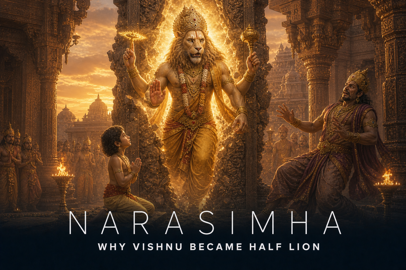 Bhagwan Narasimha emerging from a palace pillar as young Prahlad prays and Hiranyakashipu recoils at dusk.