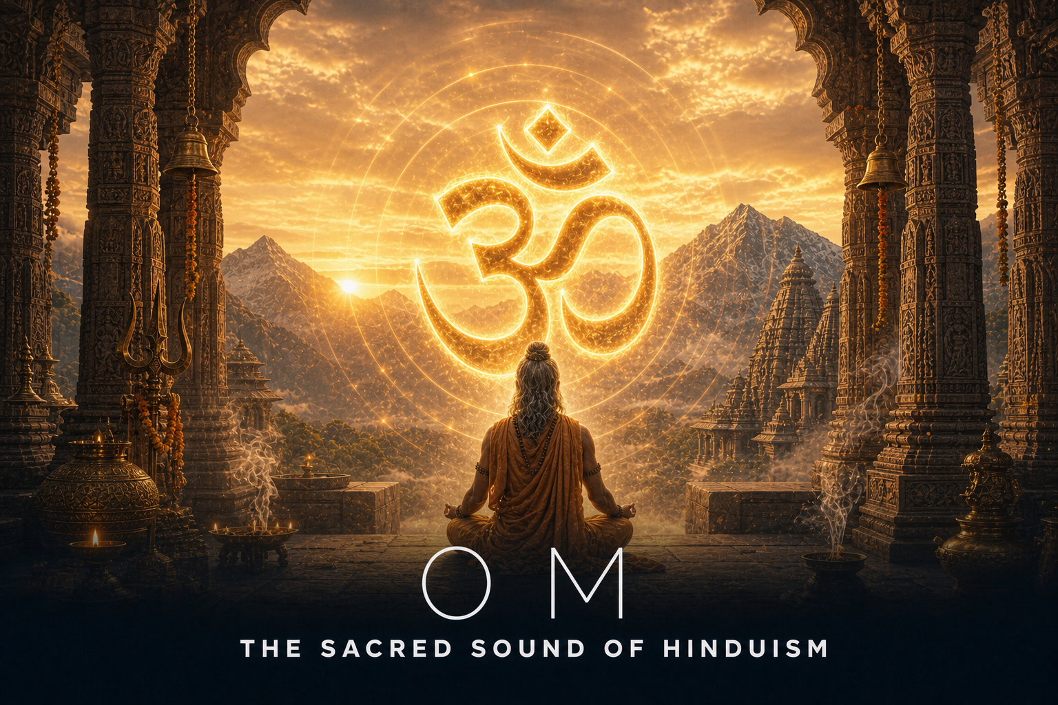 A glowing sacred Om symbol above a meditating Vedic sage in a Himalayan temple at dawn.