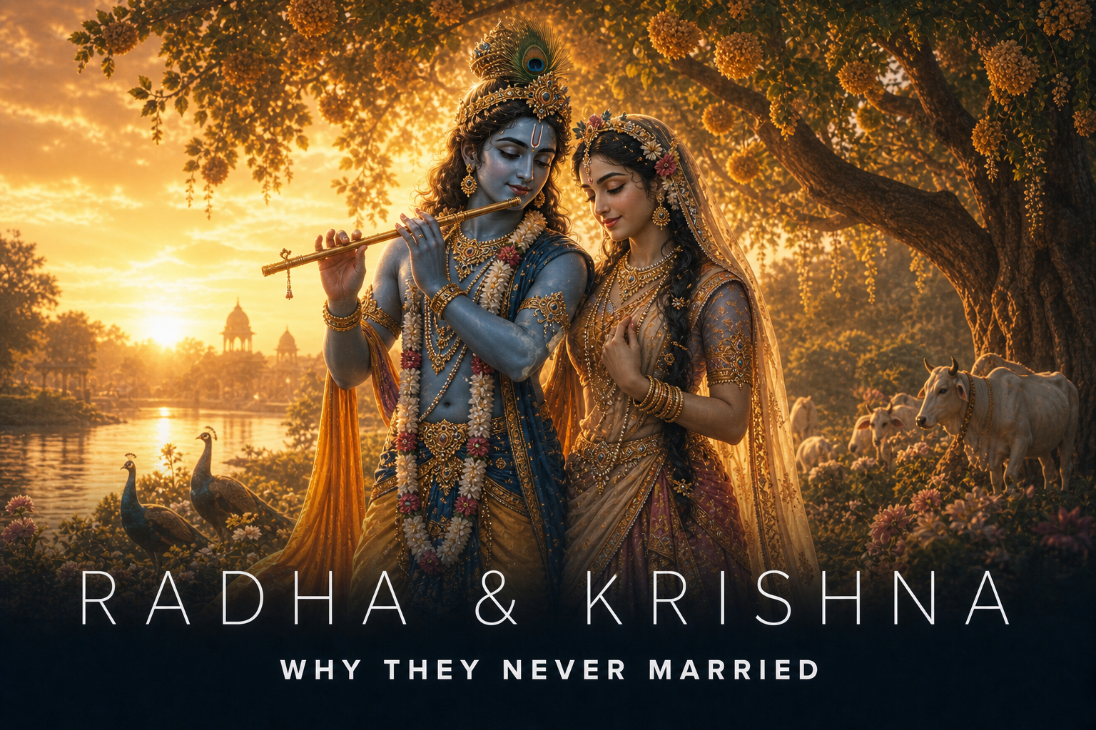 Radha and Bhagwan Krishna together in Vrindavan beside the Yamuna as Krishna plays the bansuri at golden dawn.