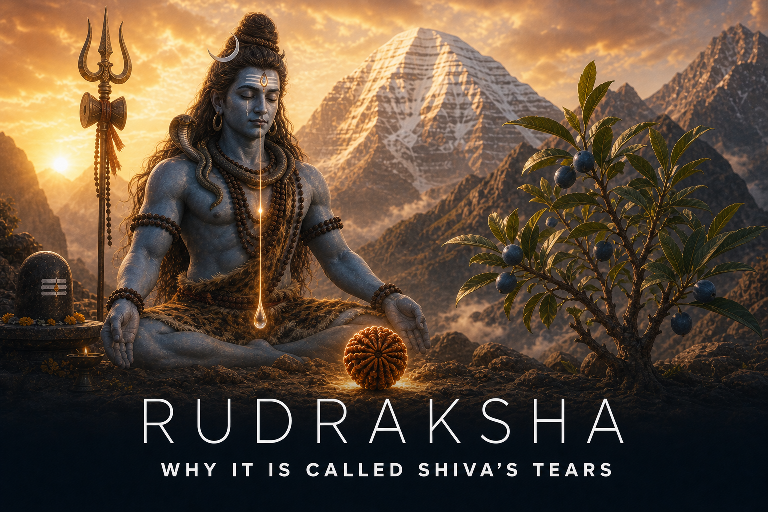 Lord Shiva’s tear of compassion becoming a Rudraksha bead beside a Rudraksha tree at Mount Kailash.