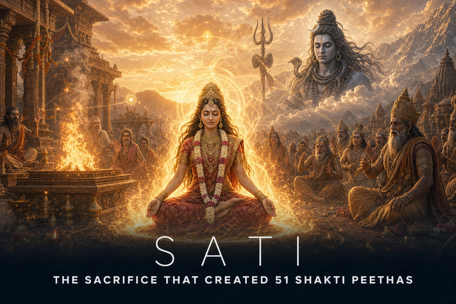 Devi Sati in luminous yogic meditation at Daksha Yagna as Lord Shiva appears in the celestial background.