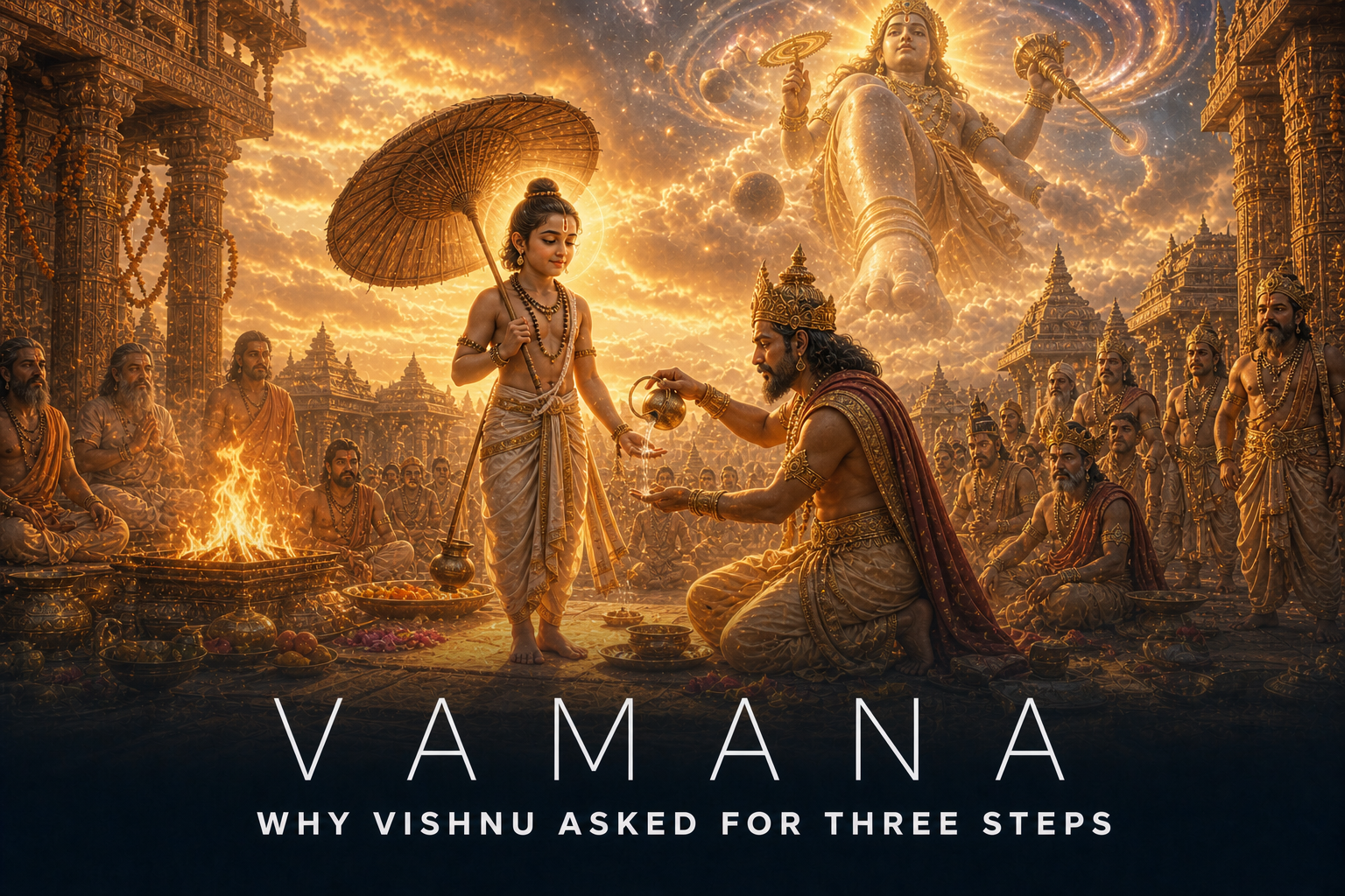 Bhagwan Vamana receiving King Mahabali’s ritual offering as the cosmic Trivikrama form spans earth and heaven.