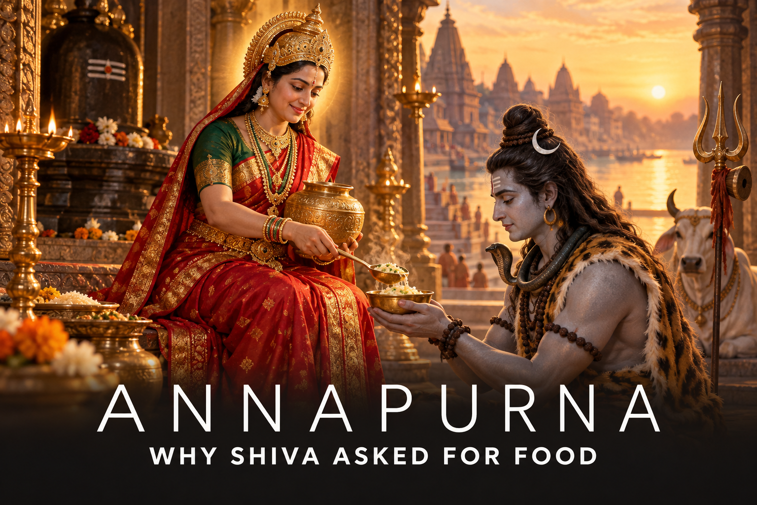Goddess Annapurna serving a bowl of nourishing food to Lord Shiva in Kashi beside a sacred temple and the Ganga.