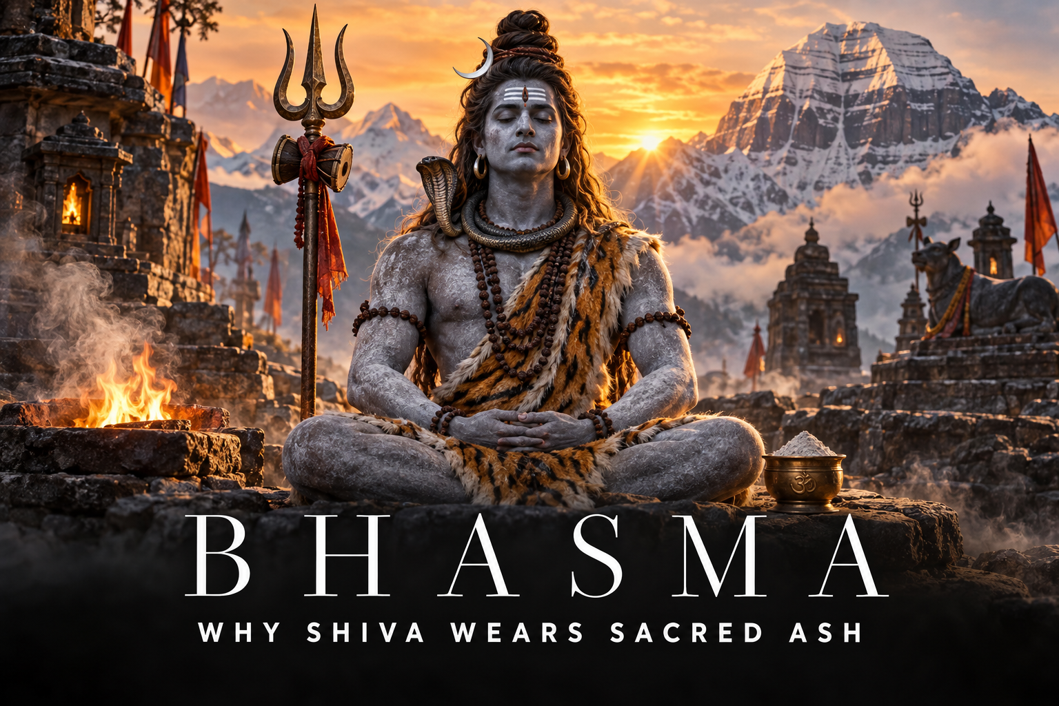 Bhagwan Shiva meditating at Mount Kailash with sacred white-grey bhasma on his body and tripundra on his forehead beside a trishul and ritual fire.