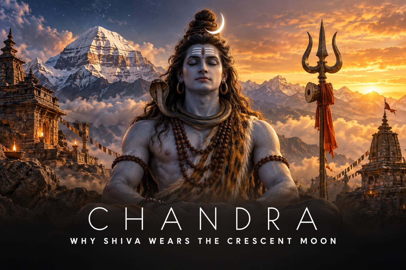 Bhagwan Shiva meditating at Mount Kailash with a luminous crescent moon resting in his matted hair.