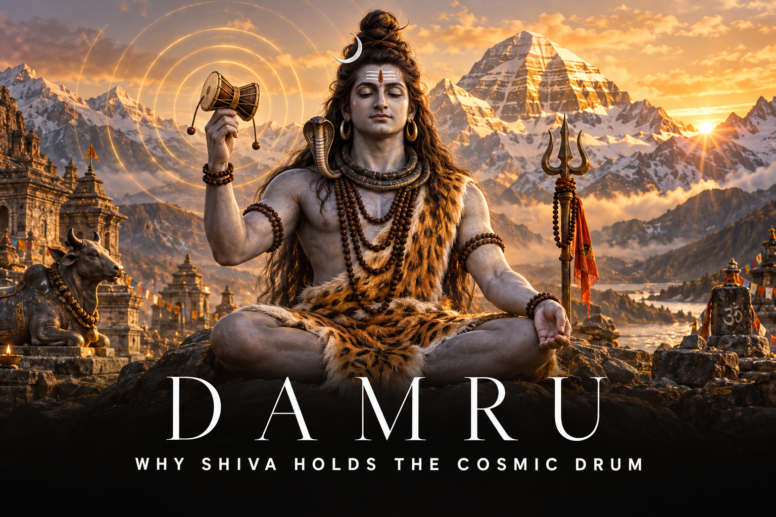 Bhagwan Shiva meditating at Mount Kailash while holding a traditional hourglass-shaped damru, with golden sound waves and his trishul nearby.