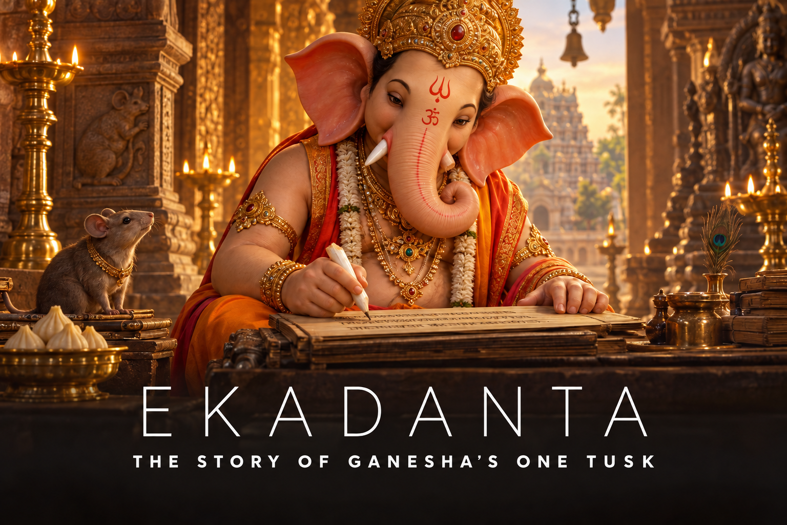 Bhagwan Ganesha as Ekadanta writing on a palm-leaf manuscript with his broken tusk beside Mushaka in a temple.