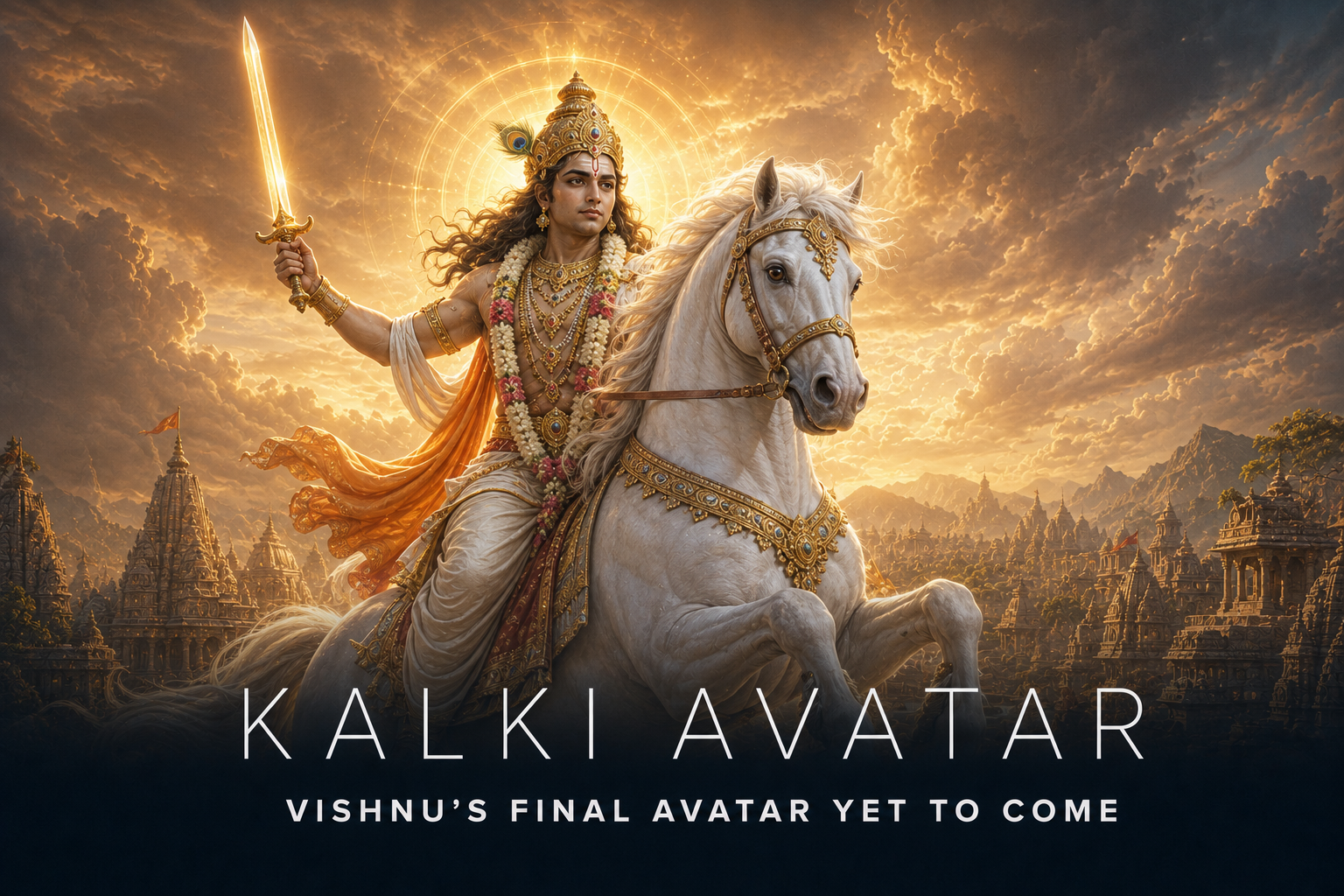 Bhagwan Kalki riding the white horse Devadatta with a radiant sword at the dawn following Kali Yuga.