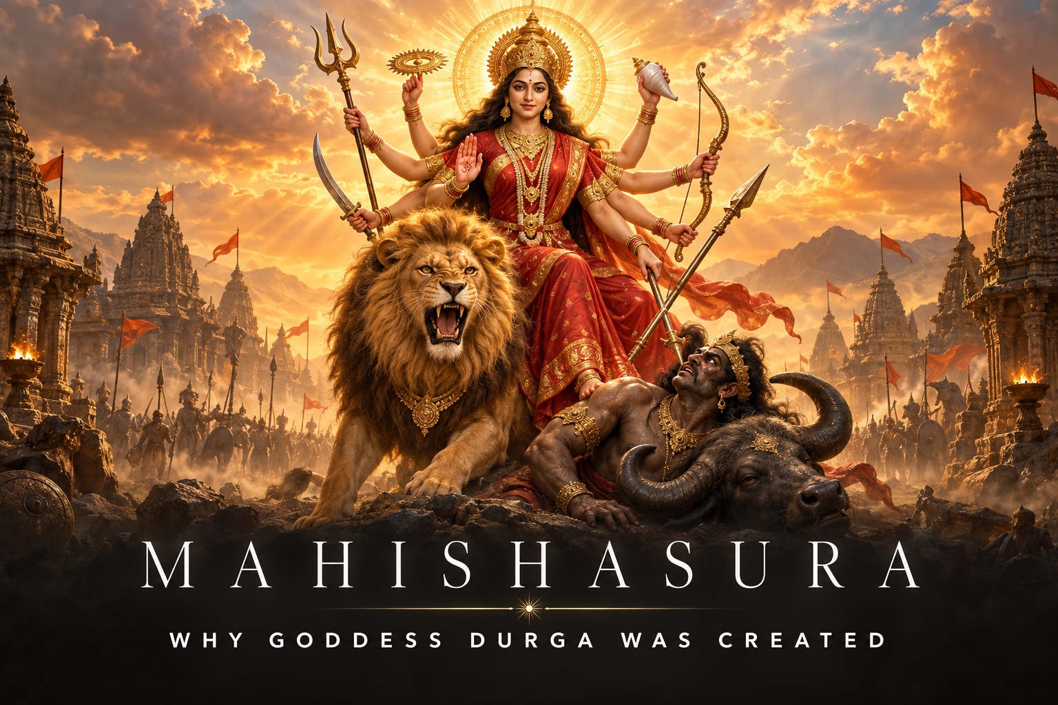 Goddess Durga as Mahishasuramardini riding her lion with divine weapons as she subdues Mahishasura emerging from a buffalo form.