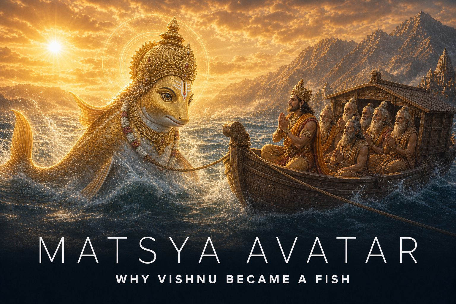 Bhagwan Vishnu as the golden Matsya avatar guiding King Satyavrata and the seven sages through the cosmic flood.