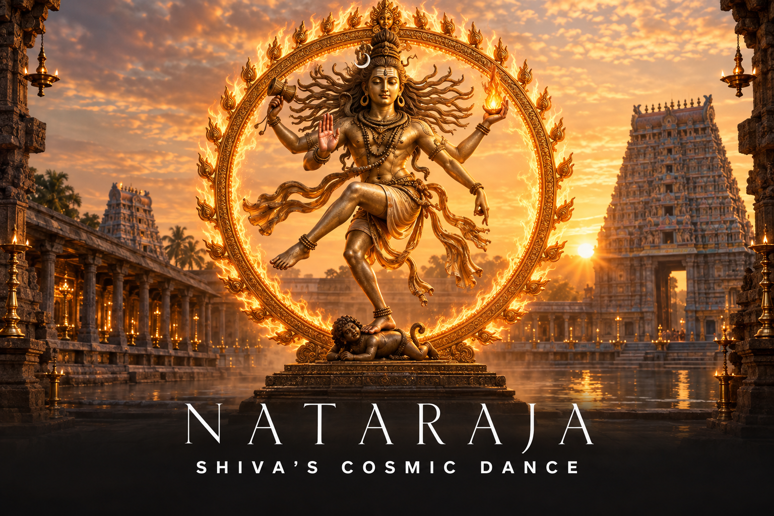 Bhagwan Shiva as Nataraja performing the Ananda Tandava inside a ring of fire at Chidambaram, with damaru, flame, abhaya mudra, and raised foot.