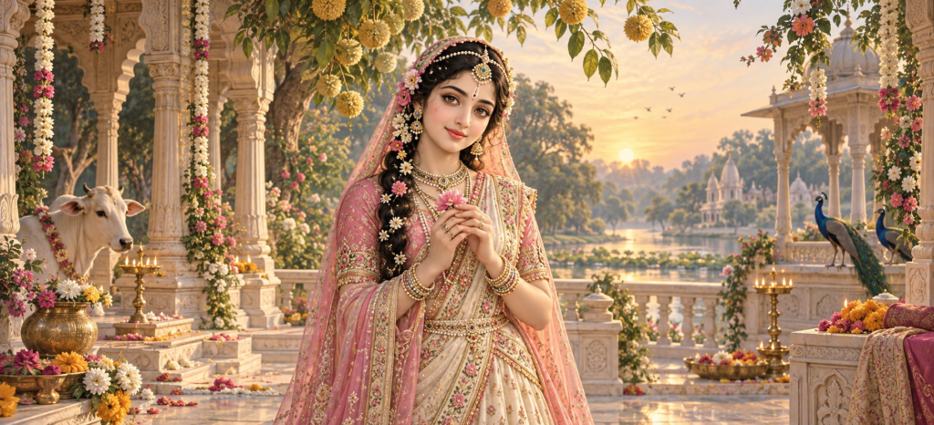 Shri Radha Rani in a Vrindavan temple courtyard for Radha Rani Aarti