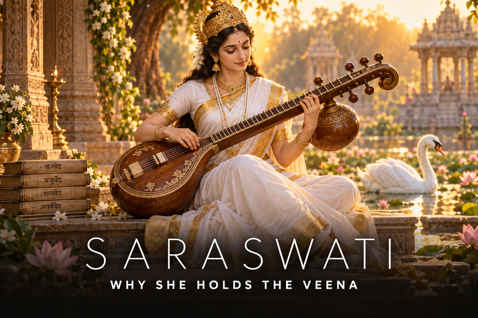 Goddess Saraswati playing a traditional veena beside sacred books and a hamsa in a luminous temple garden.