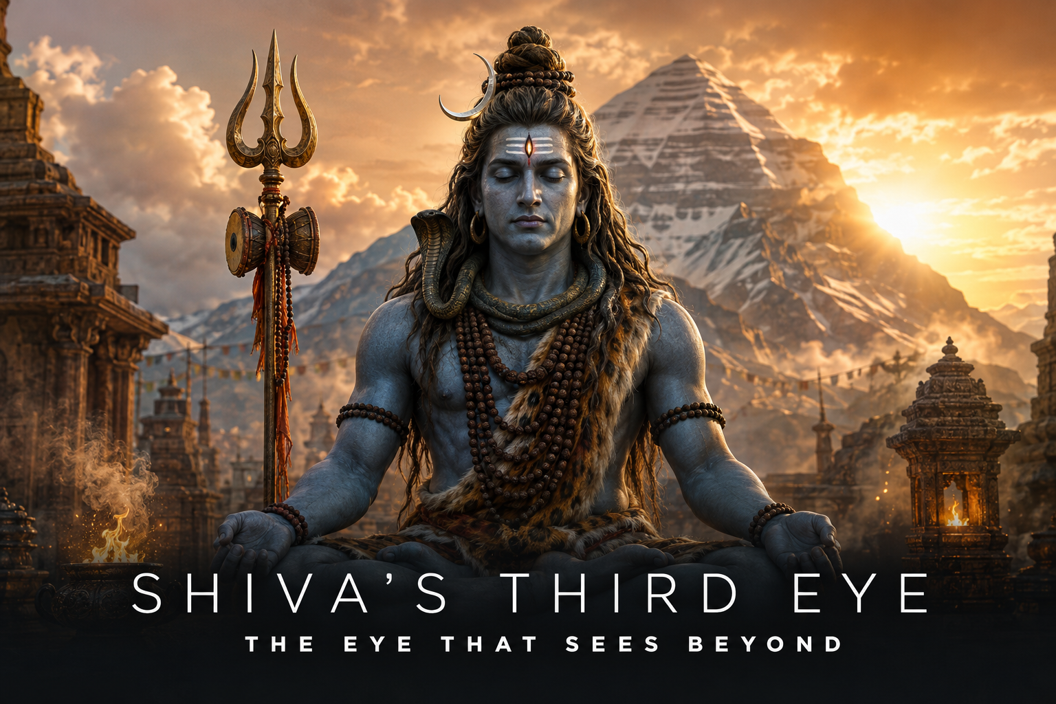 Bhagwan Shiva meditating at Mount Kailash with a luminous half-open third eye, crescent moon, rudraksha malas, cobra, and trishul.