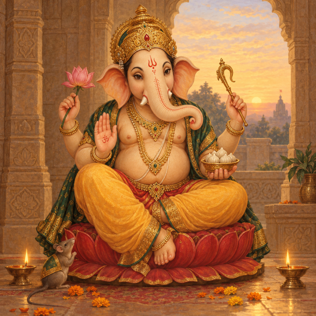 Lord Ganesha seated in a temple at dawn for Vinayak Ji Ki Aarti