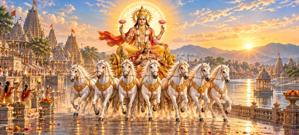 Surya Bhagwan riding a golden chariot drawn by seven white horses at sunrise