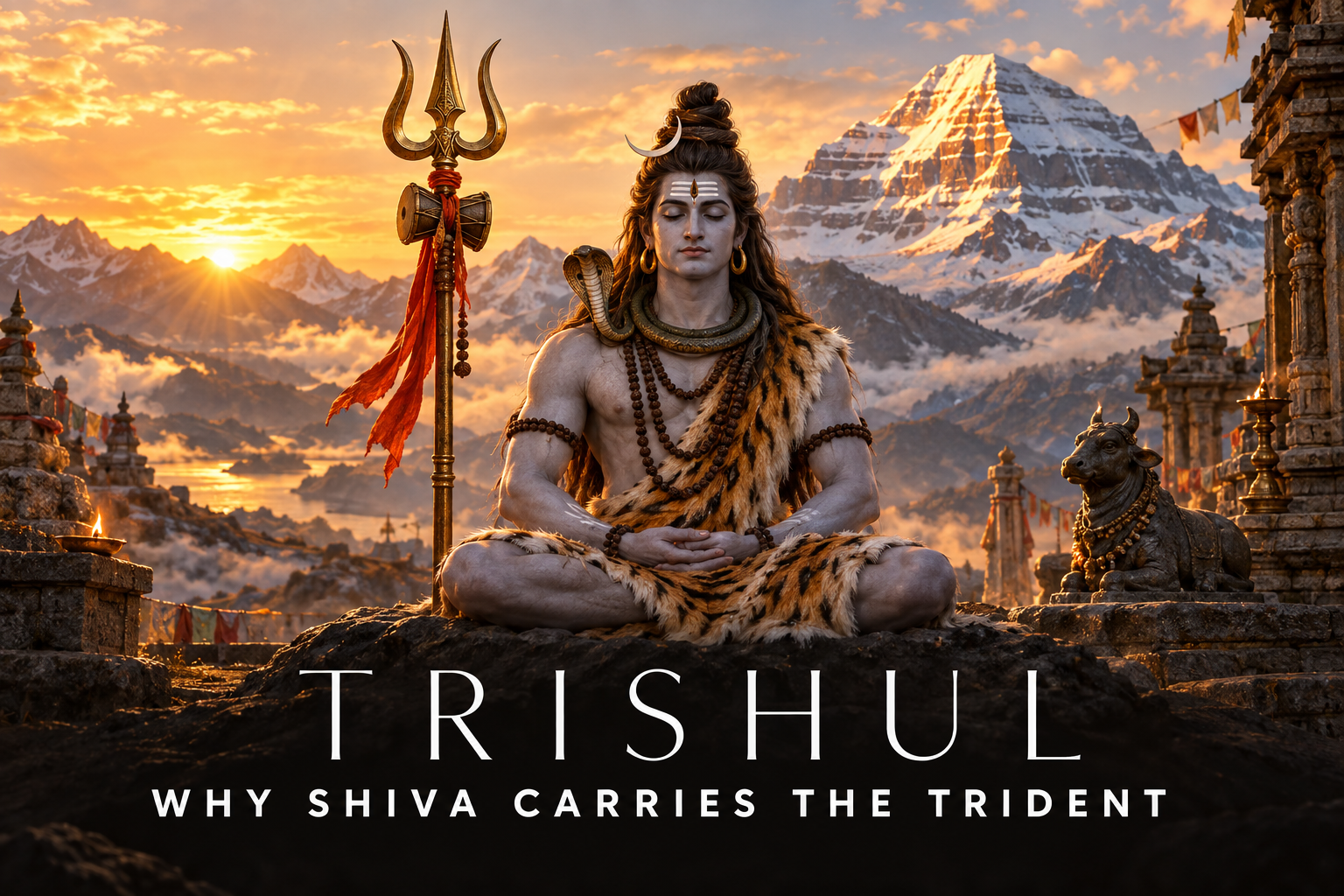 Bhagwan Shiva meditating at Mount Kailash beside an upright three-pronged trishul with a damaru at golden sunrise.